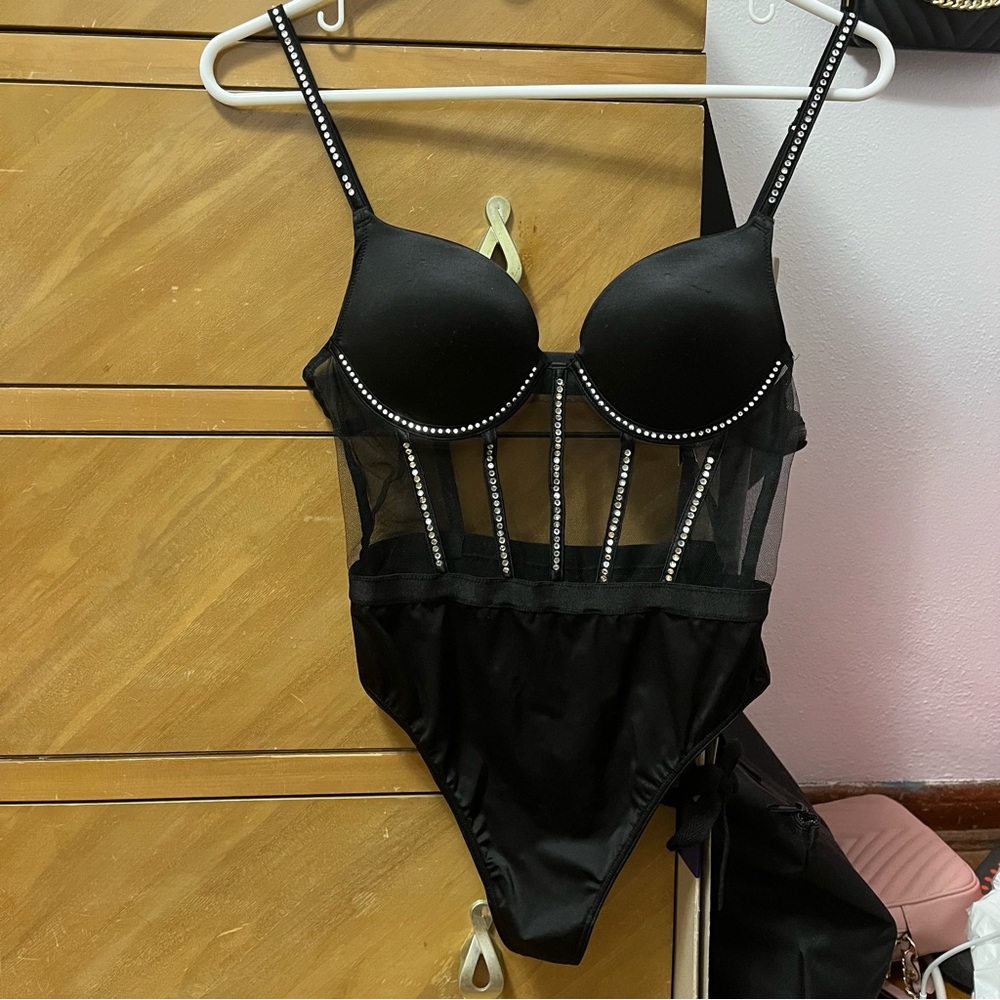 Victoria’s Secret Satin Rhinestone Mesh Bodysuit
